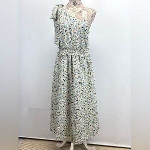 ARULA Cream and blue floral print eyelet One-Shoulder midi Dress size 1X